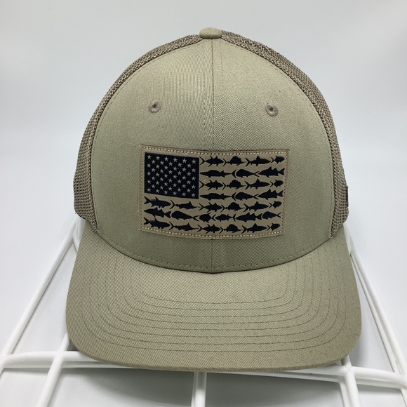 Columbia‎ PFG Mesh Fitted Back Hat Cap Size L/XL Flex Stretch Tan Fish Flag Logo - Picture 1 of 8